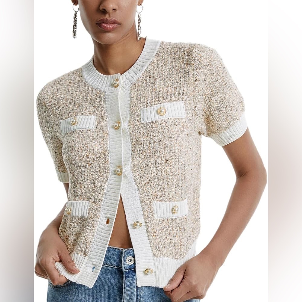 Women's Cream and White Short Sleeve Cardigan Sweater